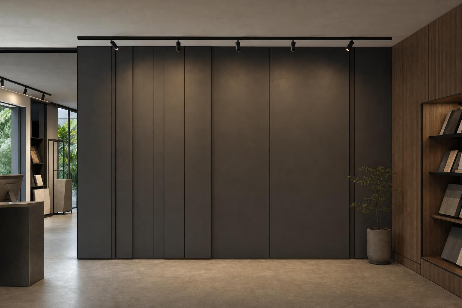 Feature wall · dark matte panelled showroom wall, track lit