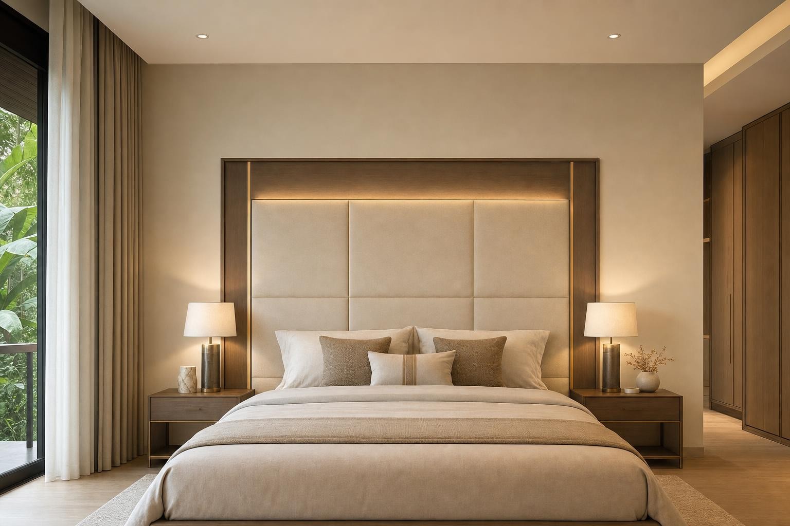 Cream Luxury · Bed backdrop · padded panel headboard in dark timber surround