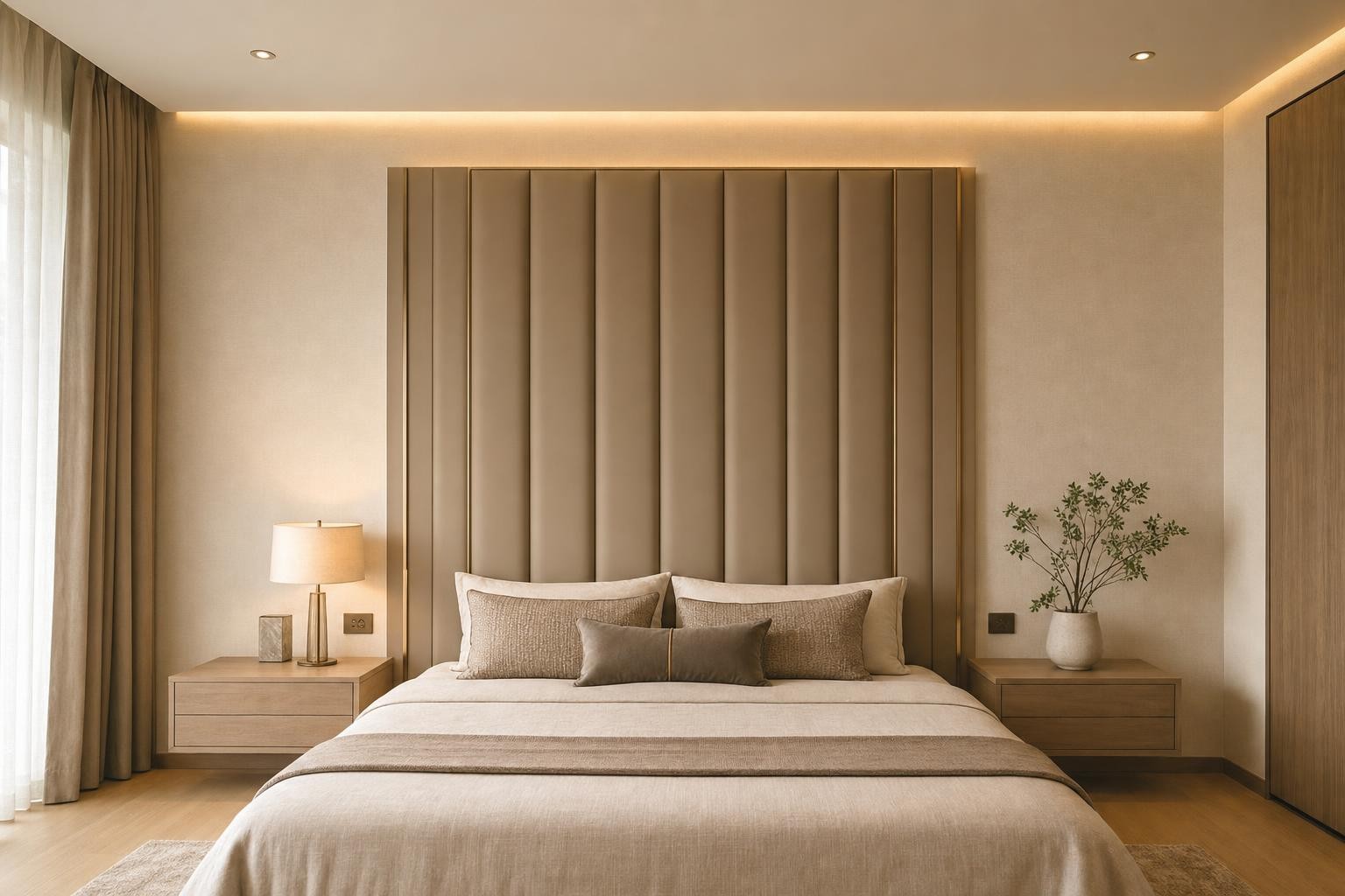 Cream Luxury · Bed backdrop · tall channel-tufted upholstered headboard, brass reveals