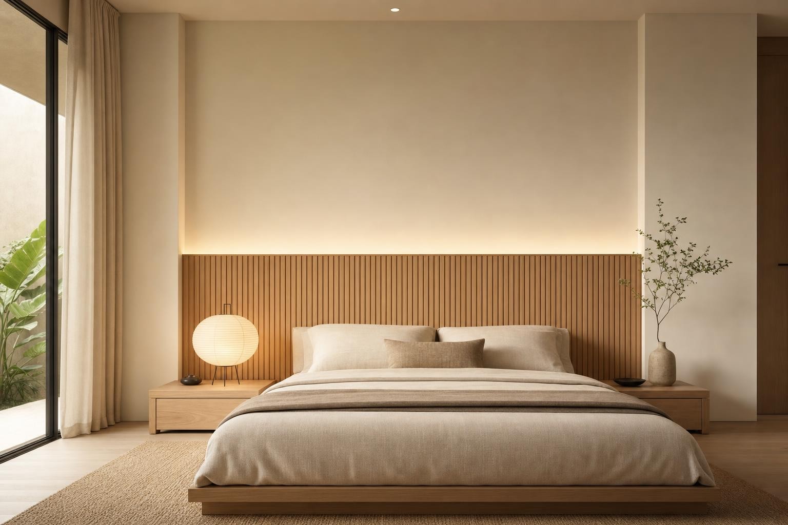Muji Japandi · Bed backdrop · light oak slatted headboard wall behind low bed