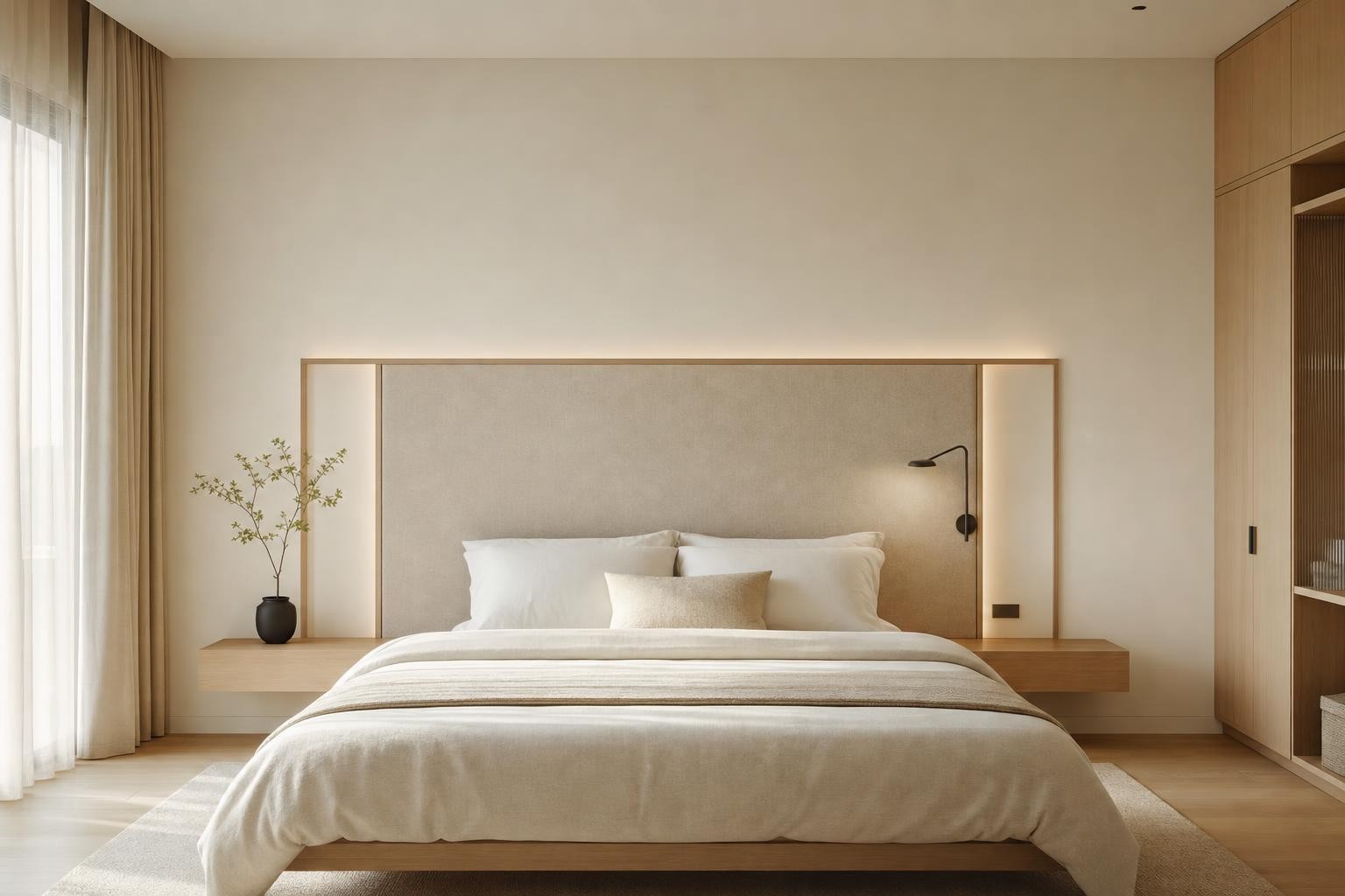 Muji Japandi · Bed backdrop · upholstered fabric headboard in lit oak frame