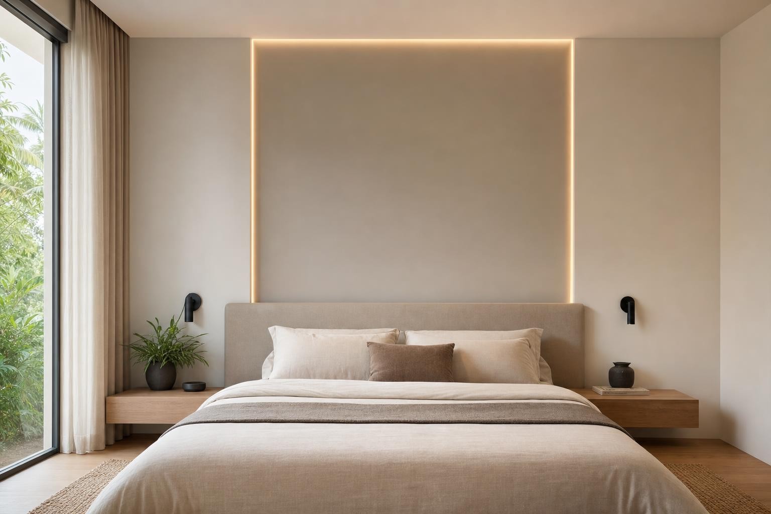 Muji Japandi · Bed backdrop · plaster niche with LED reveal, upholstered bedhead