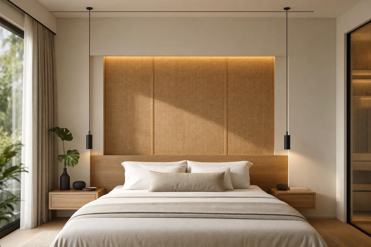 Muji Japandi · Bed backdrop · backlit woven cane/rattan headboard panels