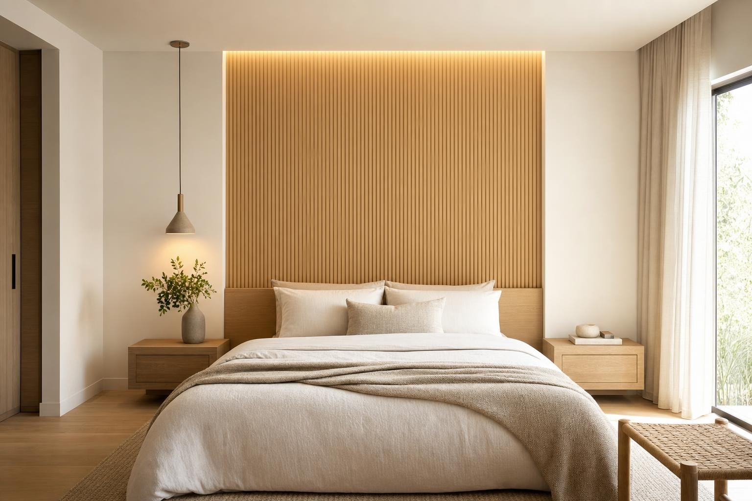 Scandinavian · Bed backdrop · full-height fluted oak slat headboard panel