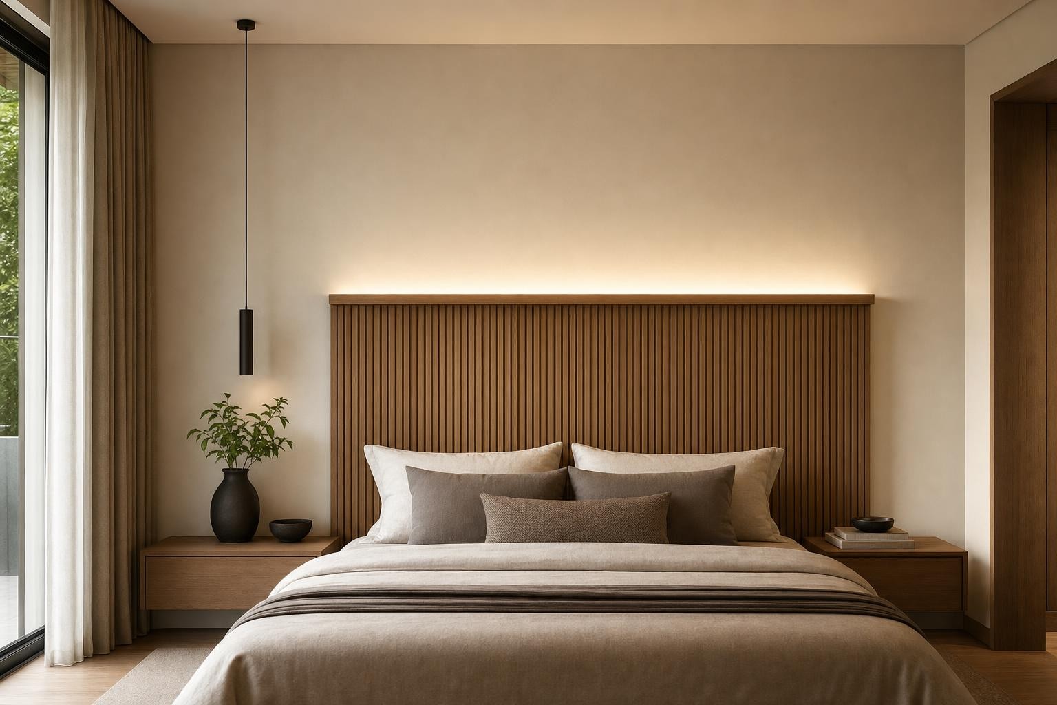 Warm Wood Modern · Bed backdrop · full-width cove-lit slatted timber headboard wall
