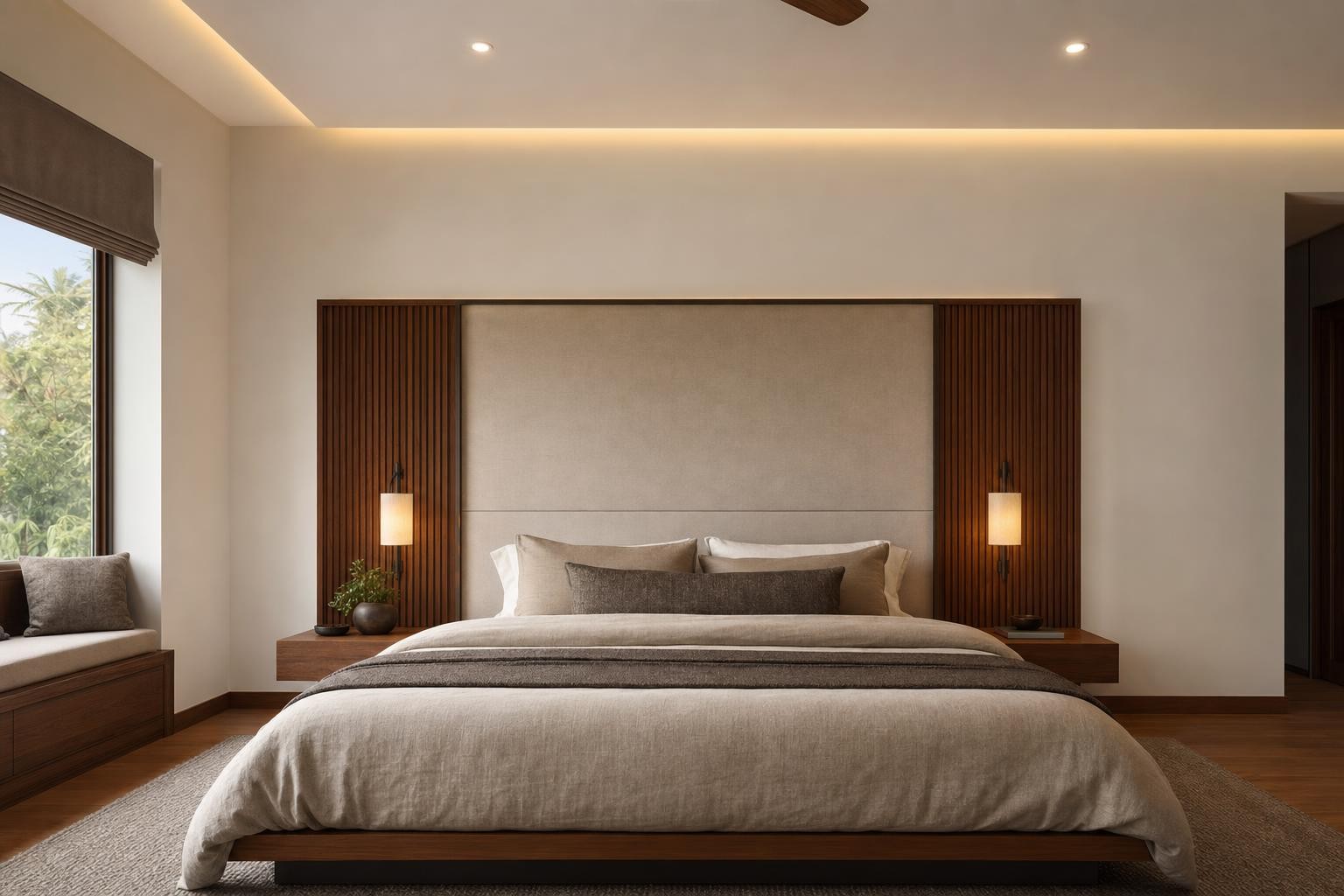 Warm Wood Modern · Bed backdrop · upholstered headboard flanked by dark timber slat panels