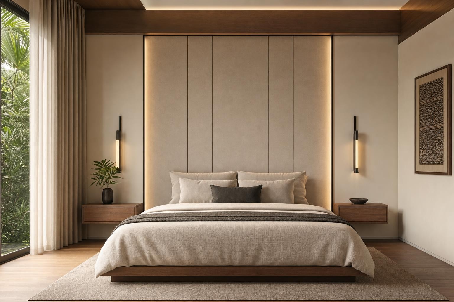 Warm Wood Modern · Bed backdrop · upholstered panelled headboard wall with timber pelmet