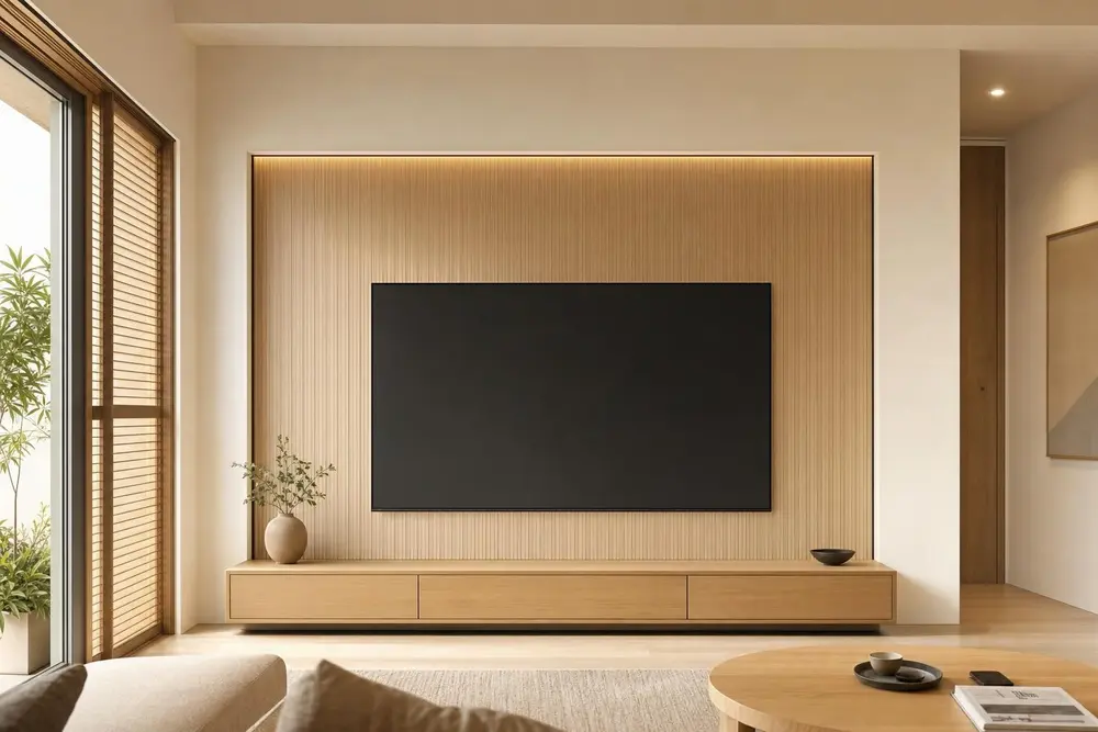 TV feature wall design concept — Muji Japandi style