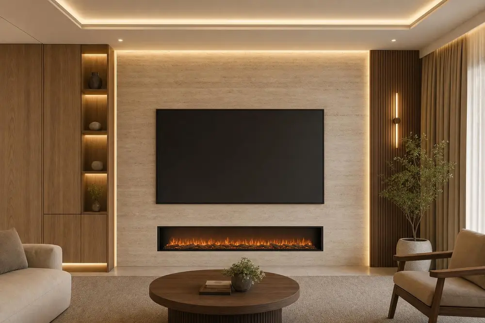 TV feature wall design concept — Warm Wood Modern style