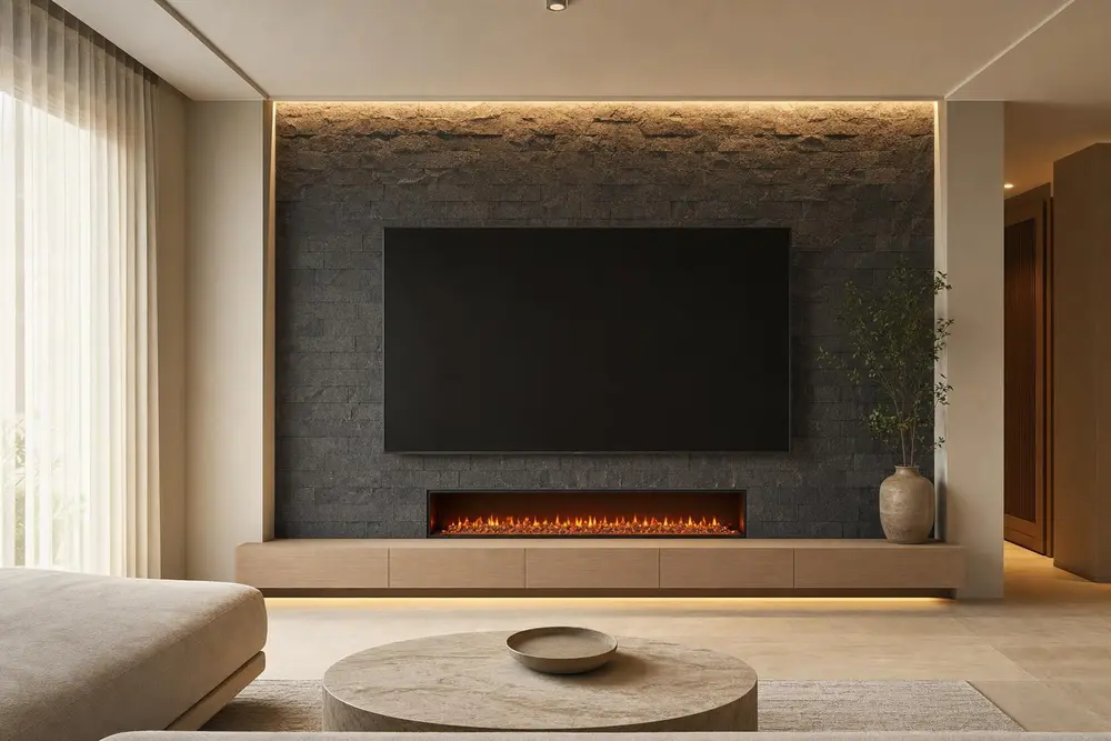 TV feature wall design concept — Warm Wood Modern style