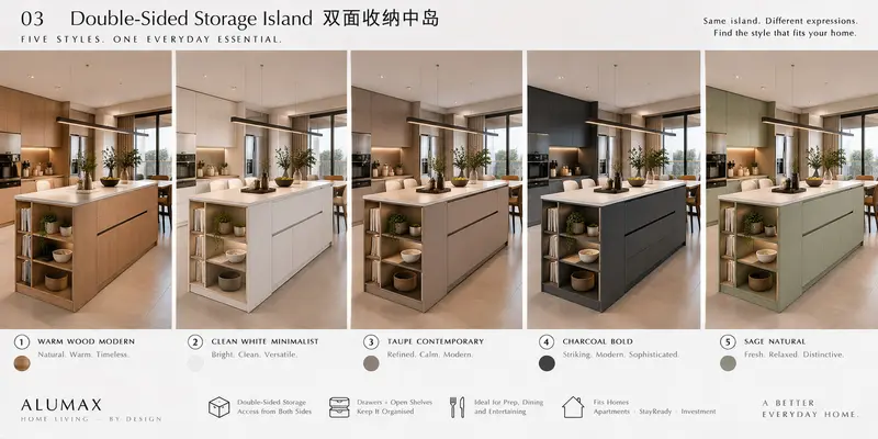 Double-sided storage island · five finishes