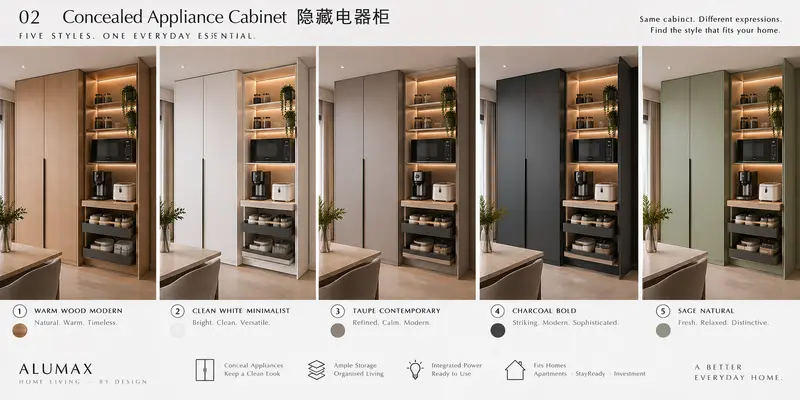 Concealed appliance cabinet · five finishes