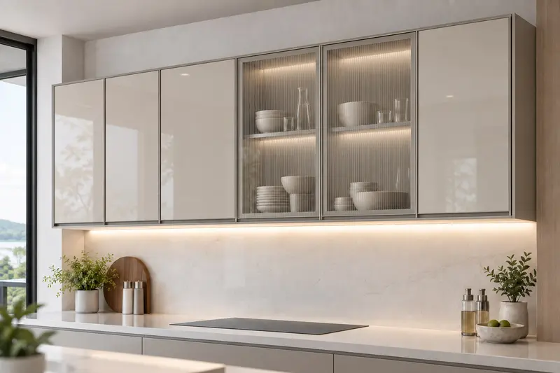 residential kitchen — 124 · AquaGlass wall-cabinet front · clear display