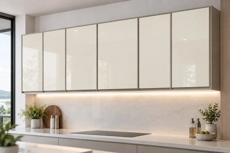 residential kitchen — 124 · AquaGlass wall-cabinet front · opaque