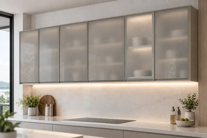 residential kitchen — 124 · AquaGlass wall-cabinet front · translucent