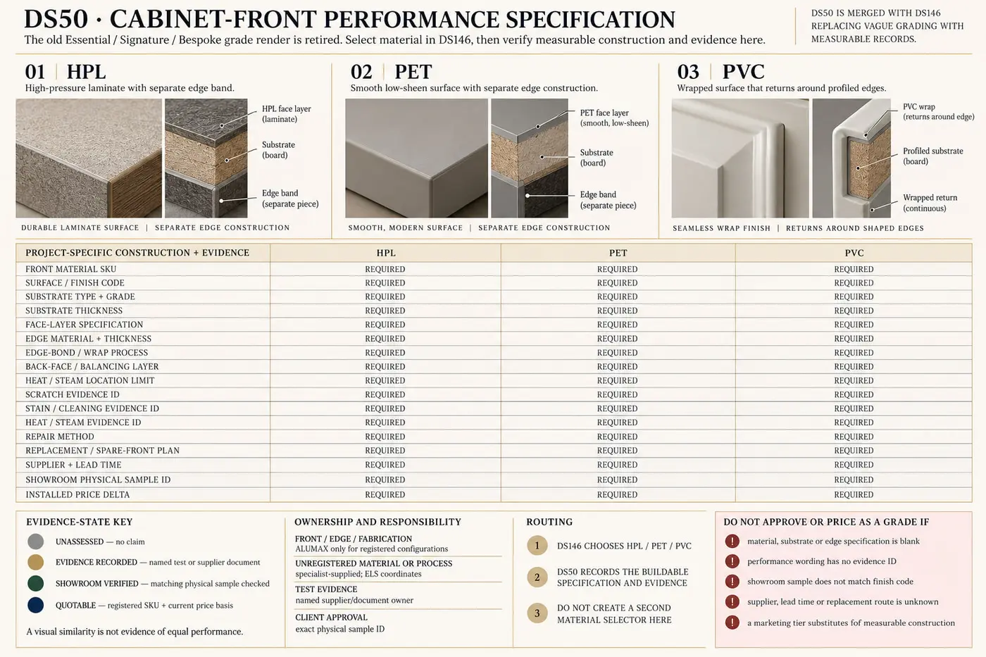 Cabinet-front surface grade — comparison sheet
