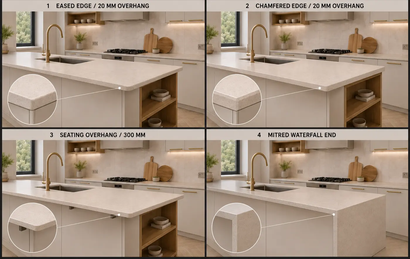 Worktop edge and termination — options compared side by side