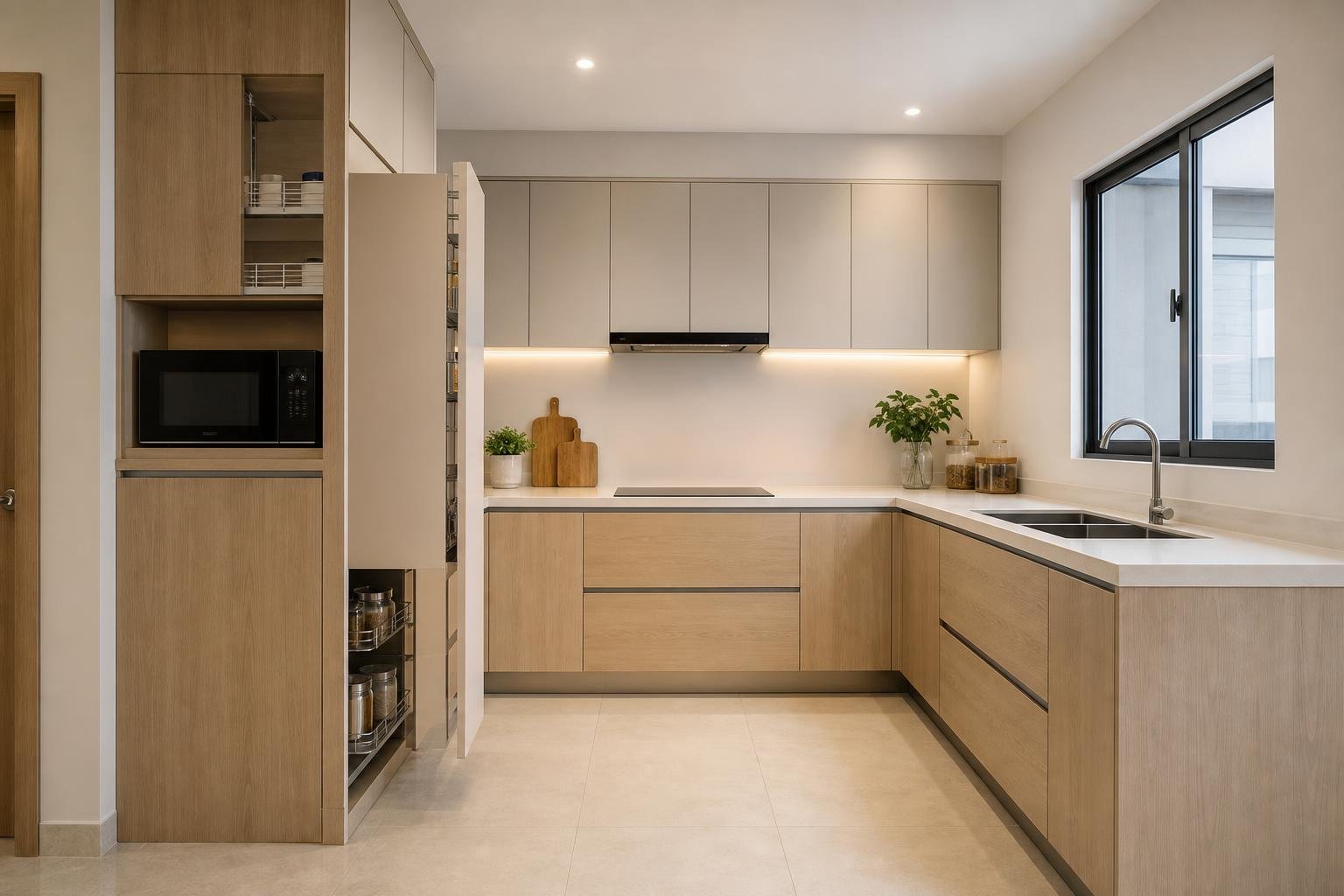 apartment dry kitchen with wet kitchen beyond — concept study
