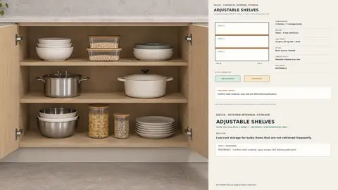 Kitchen internal storage configuration — Adjustable shelves