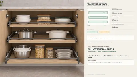 Kitchen internal storage configuration — Full-extension trays