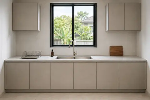 Wet kitchen backsplash — Large-format slab