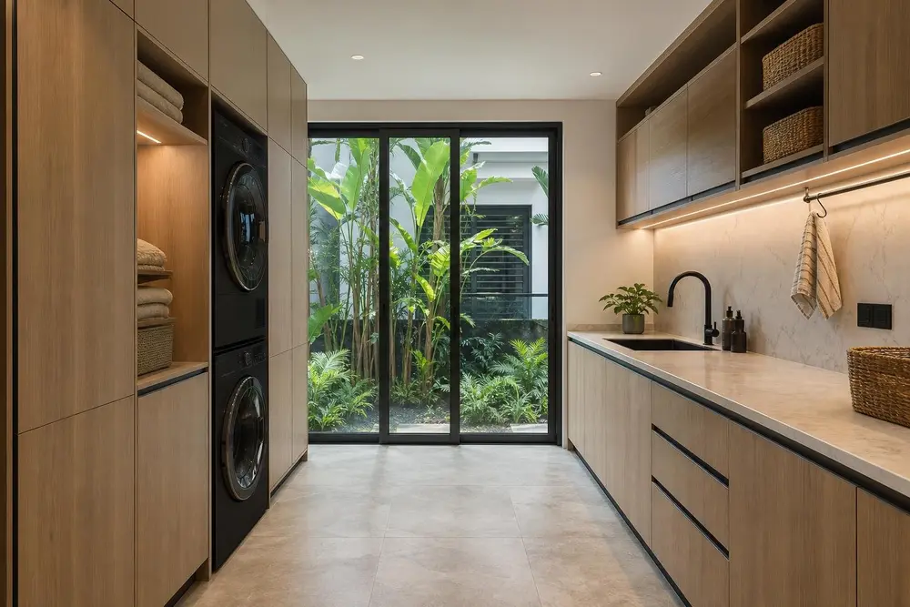 Laundry cabinets design concept — Warm Wood Modern style