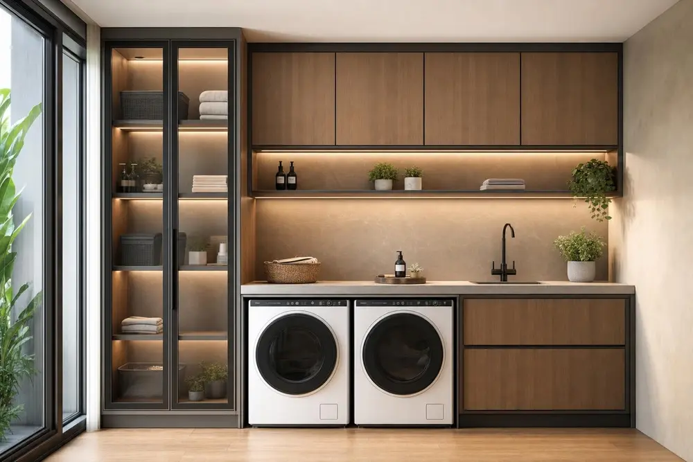 Laundry cabinets design concept — Warm Wood Modern style