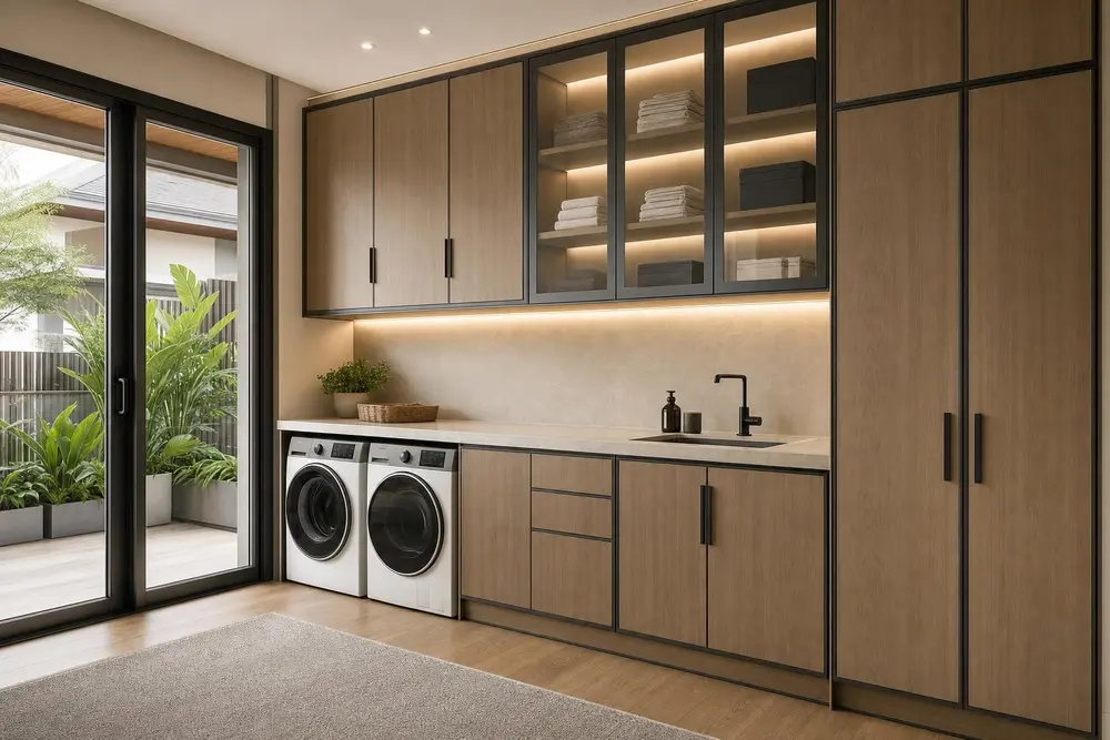 Laundry cabinets design concept — Warm Wood Modern style