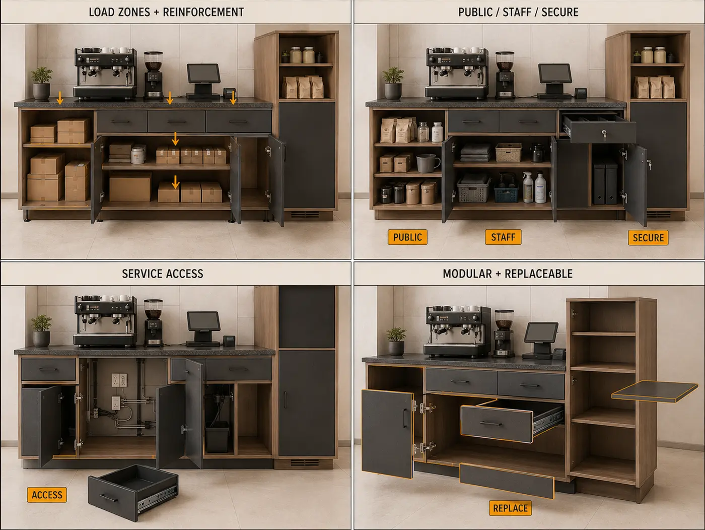 Commercial load, locks, access and replaceable parts — options compared side by side