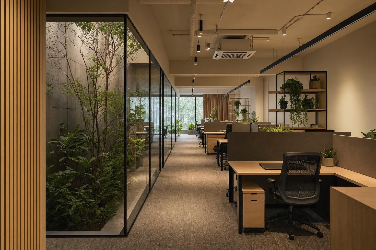 open-plan office workstation floor — white oak / warm scheme