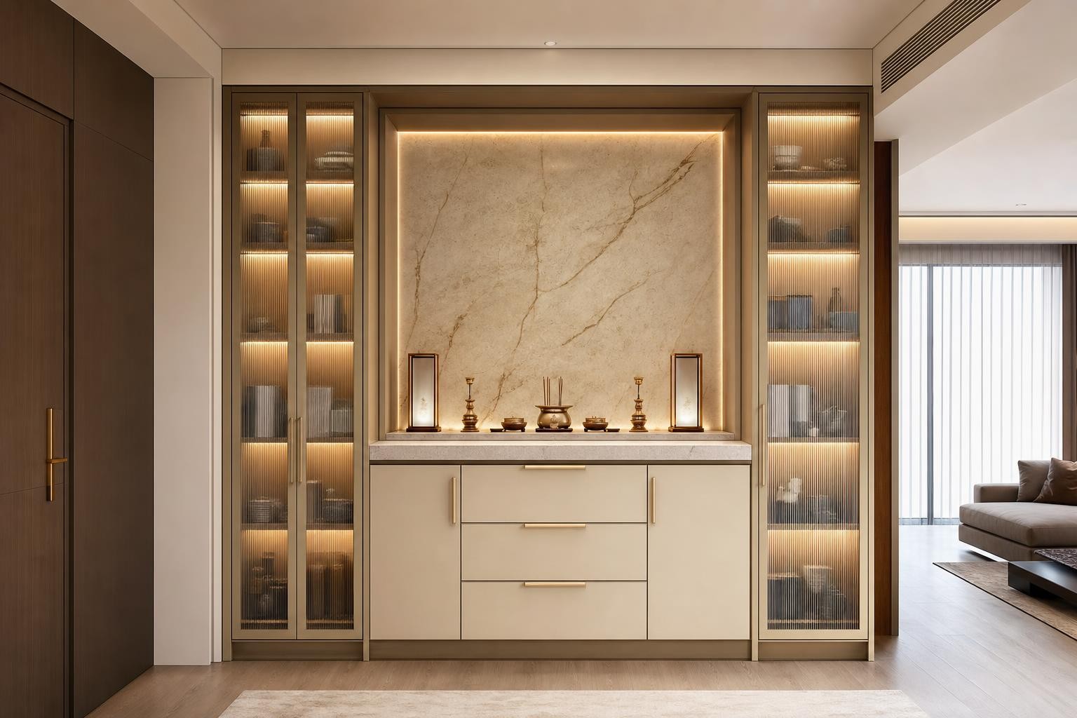 Cream Luxury · Altar cabinet · Built-in altar sideboard with backlit stone niche and flanking full-height reeded-glass display cabinets — bone-lacquer base unit with three drawers a