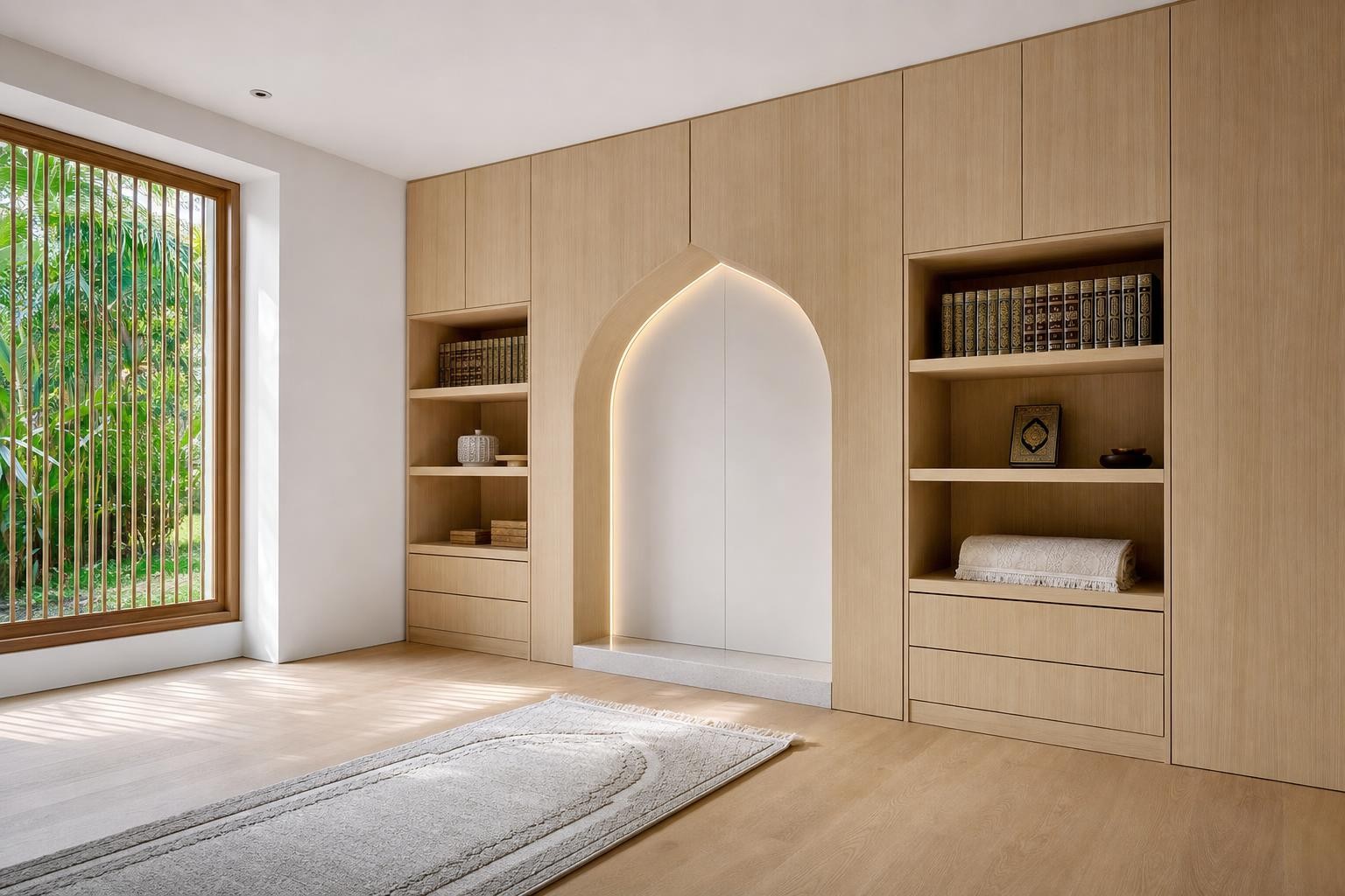 Scandinavian · Prayer room · Full-height veneered joinery wall with a lit ogee-arch niche on a raised stone plinth, flanked by open display shelving over flush drawer banks and fu