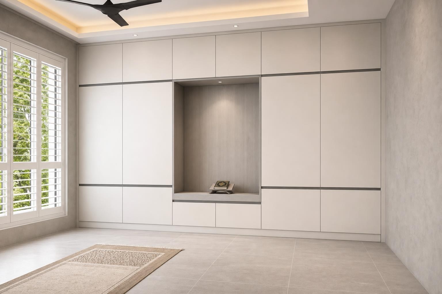 Simple Modern Minimalist · Prayer room · Full-height flush-front cabinet run with a central open downlit niche over a low ledge and drawer bank, flanked by tall doors with recessed dark handl