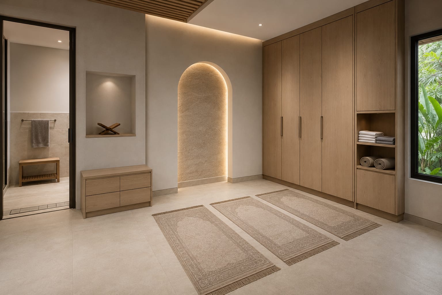 Simple Modern Minimalist · Prayer room · full-height fitted oak storage wall with open shelf bay, low four-drawer bench chest, recessed lit wall niche, and a backlit arched stone feature pane