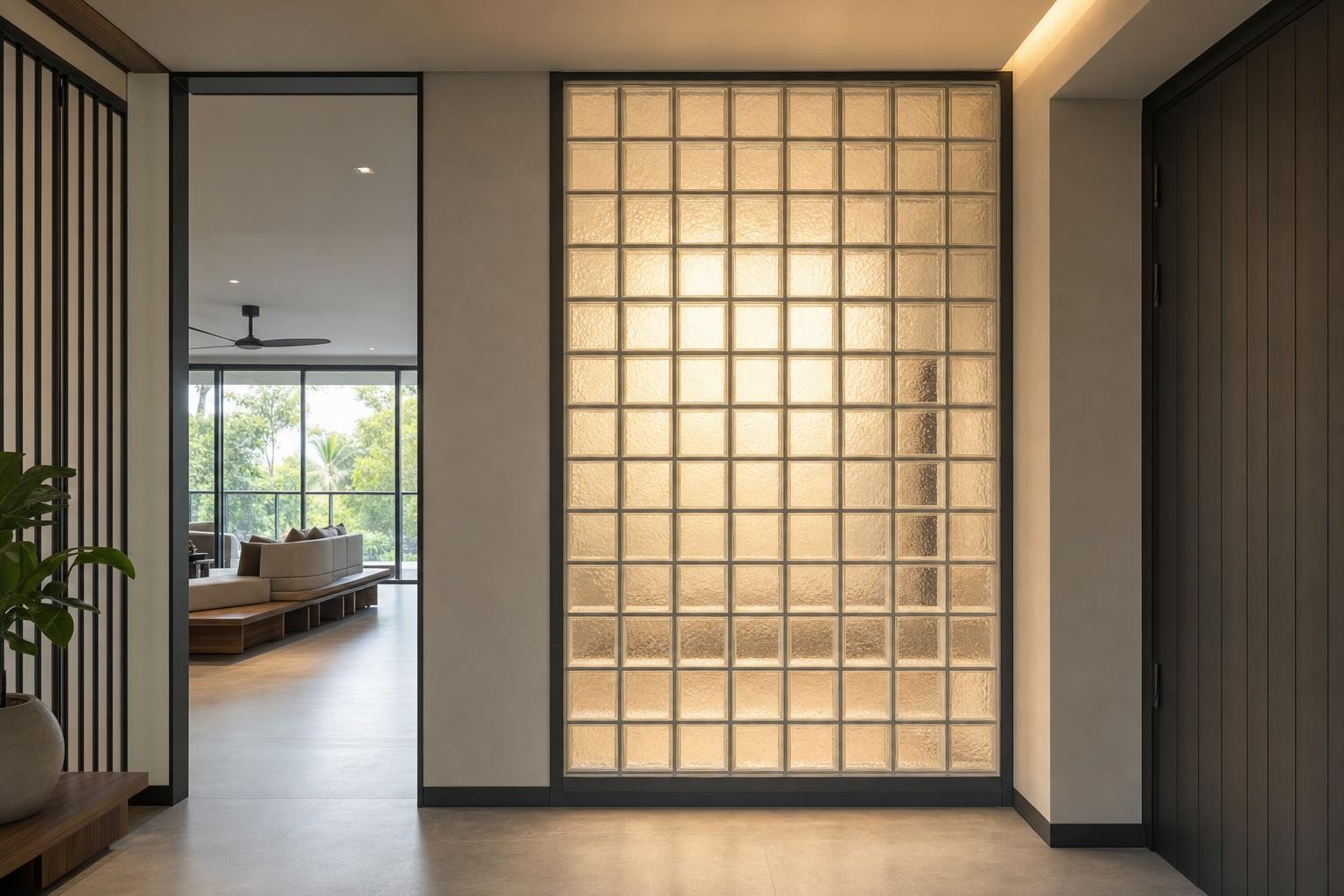 Glass block · full-height backlit glass block screen wall