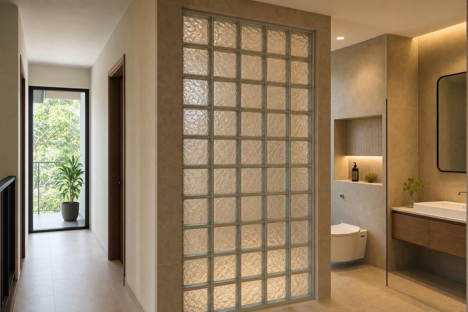 Glass block · glass block screen dividing corridor from bathroom