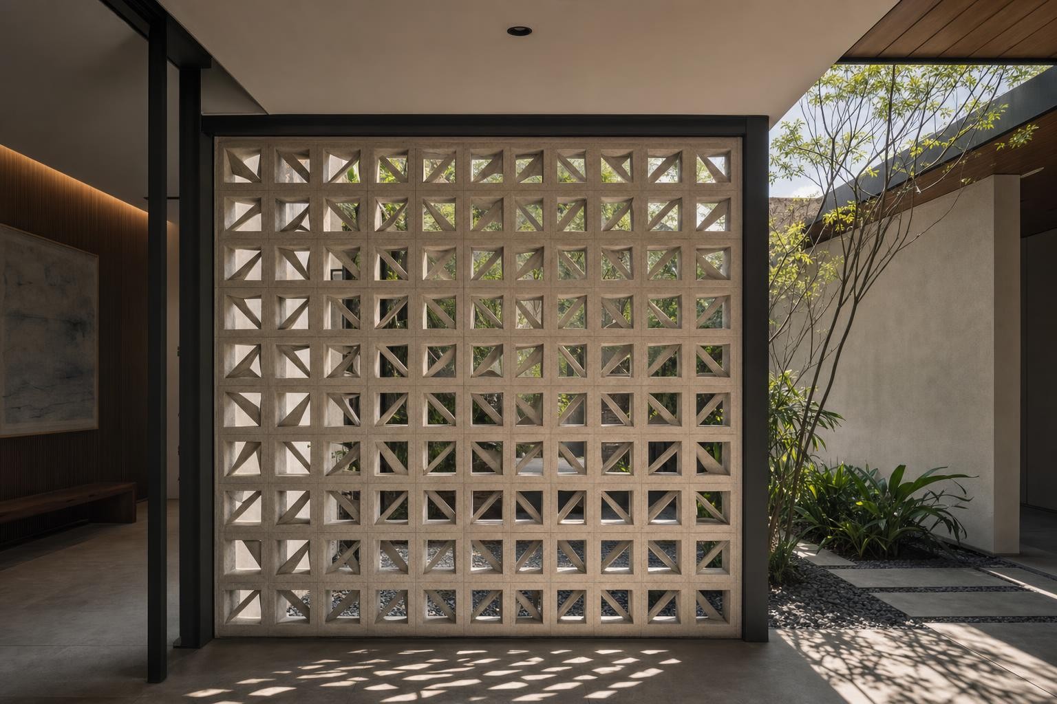 Screen & breeze-block partition · perforated concrete breeze-block screen to courtyard