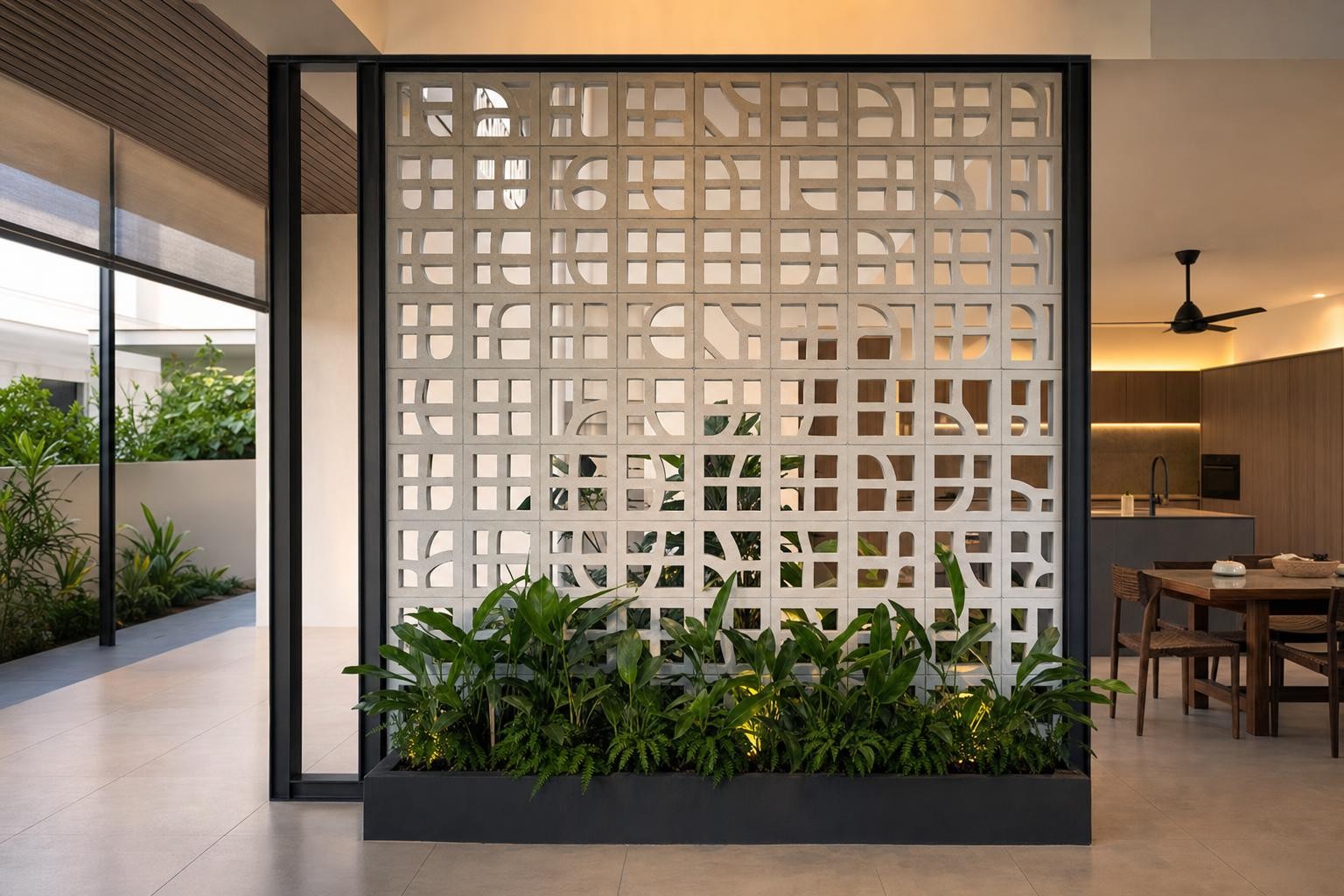 Screen & breeze-block partition · decorative concrete breeze-block screen above planter