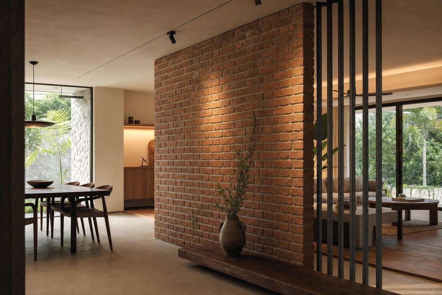 Screen & breeze-block partition · exposed clay brick partition wall with rod screen