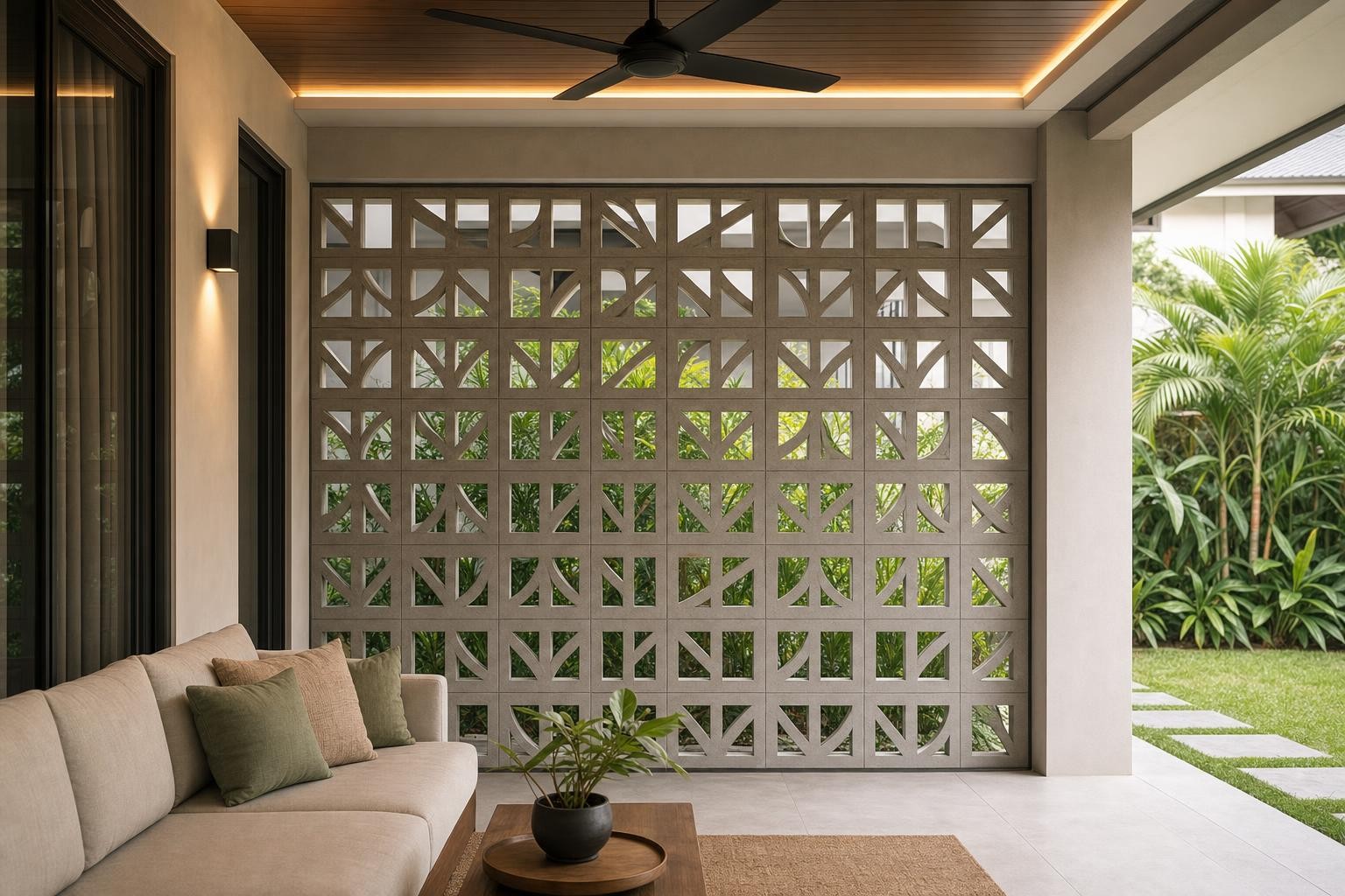 Screen & breeze-block partition · breeze-block screen enclosing covered patio