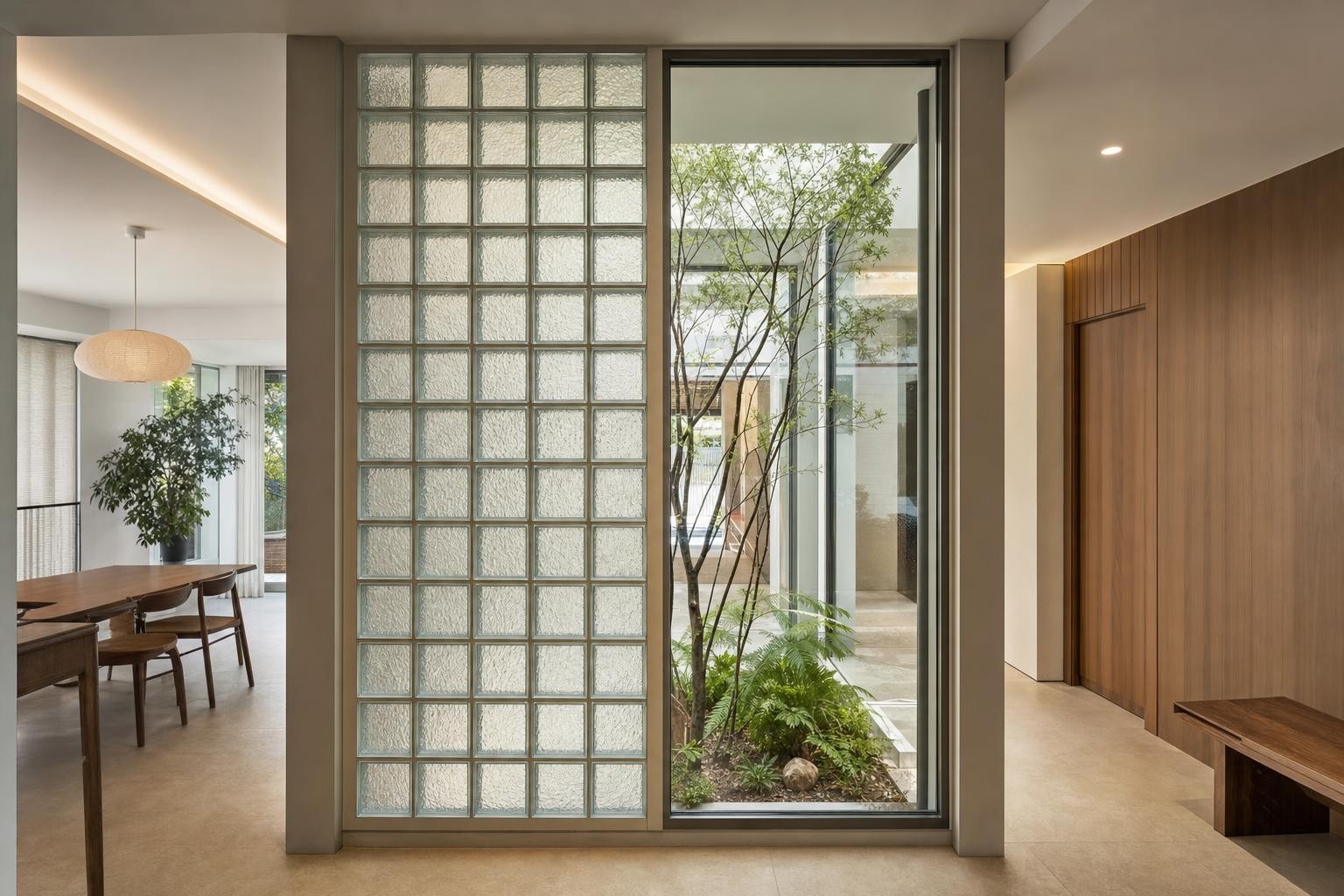 Screen & breeze-block partition · glass block panel beside courtyard glazing