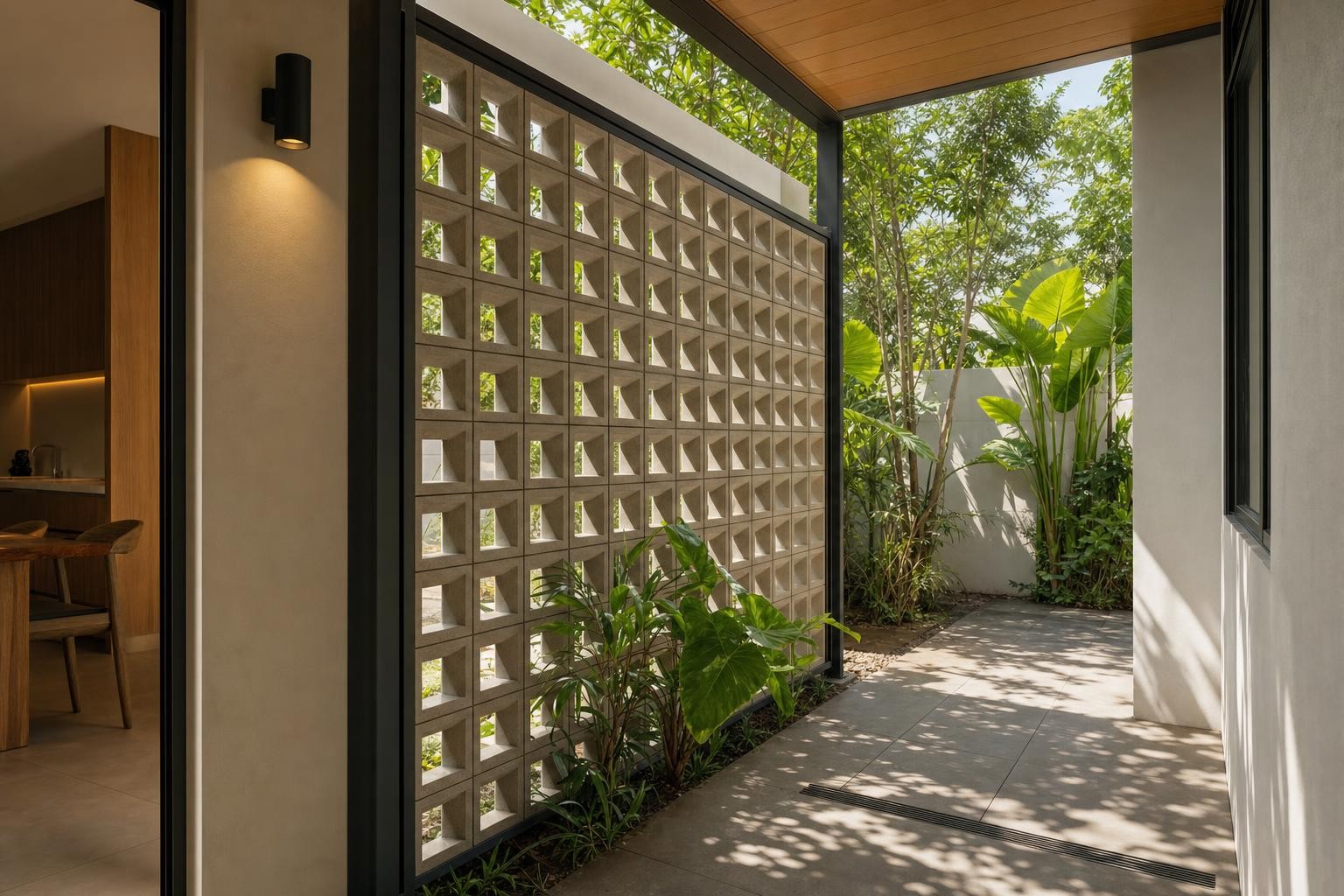 Screen & breeze-block partition · breeze-block screen along garden walkway