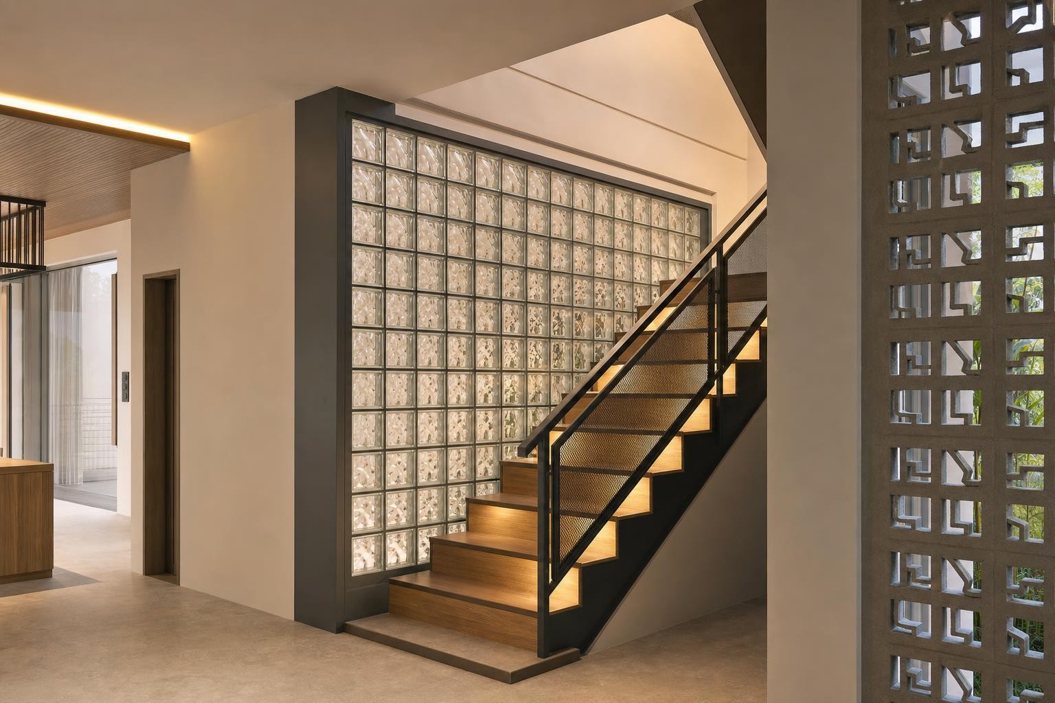 Screen & breeze-block partition · backlit glass block wall behind timber stair