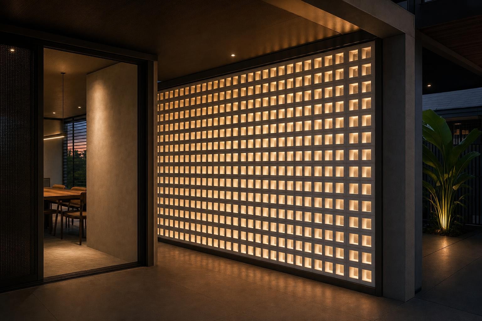 Screen & breeze-block partition · night-lit breeze-block screen, glowing cells