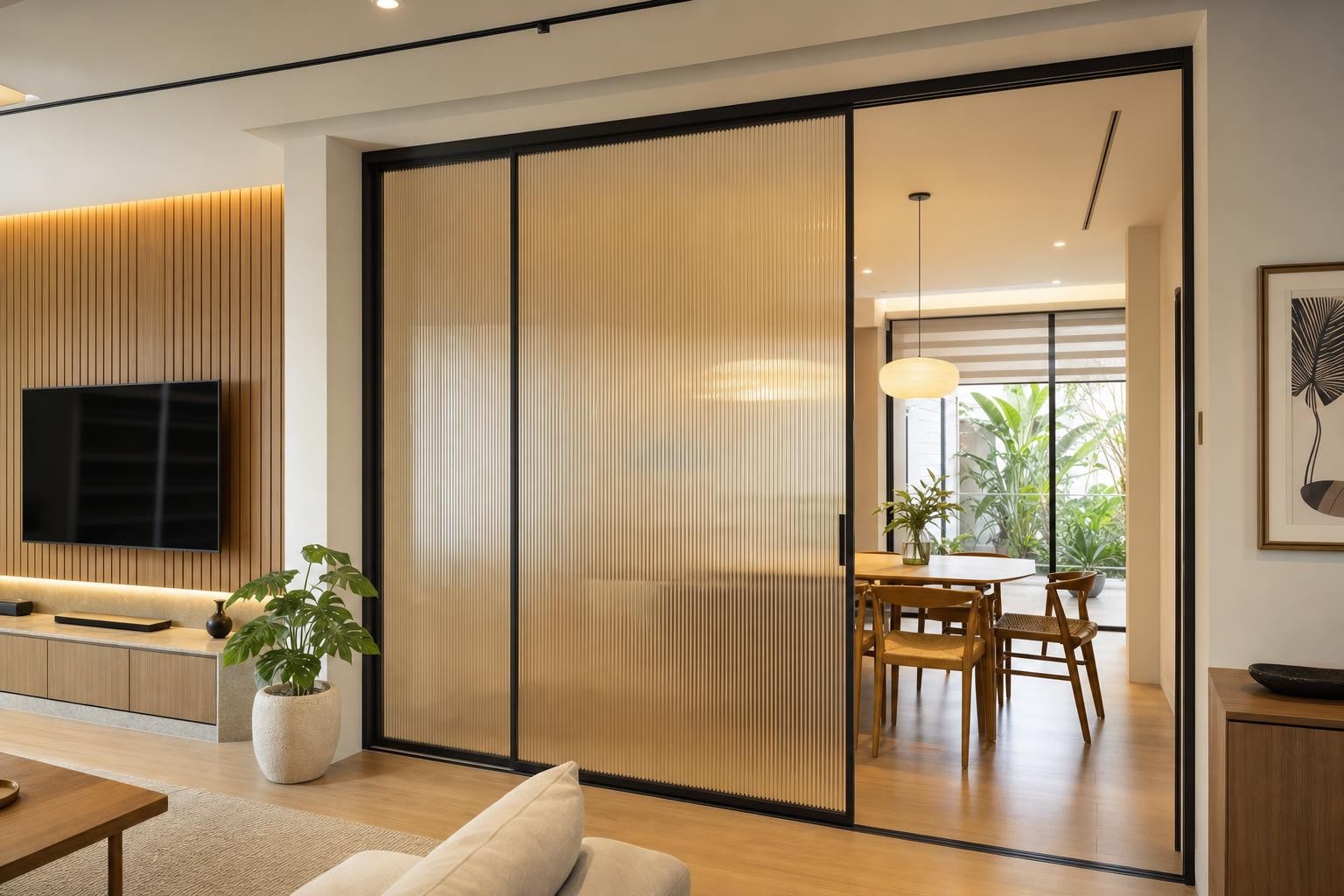Fluted / reeded glass · full-height fluted-glass sliding panels on track