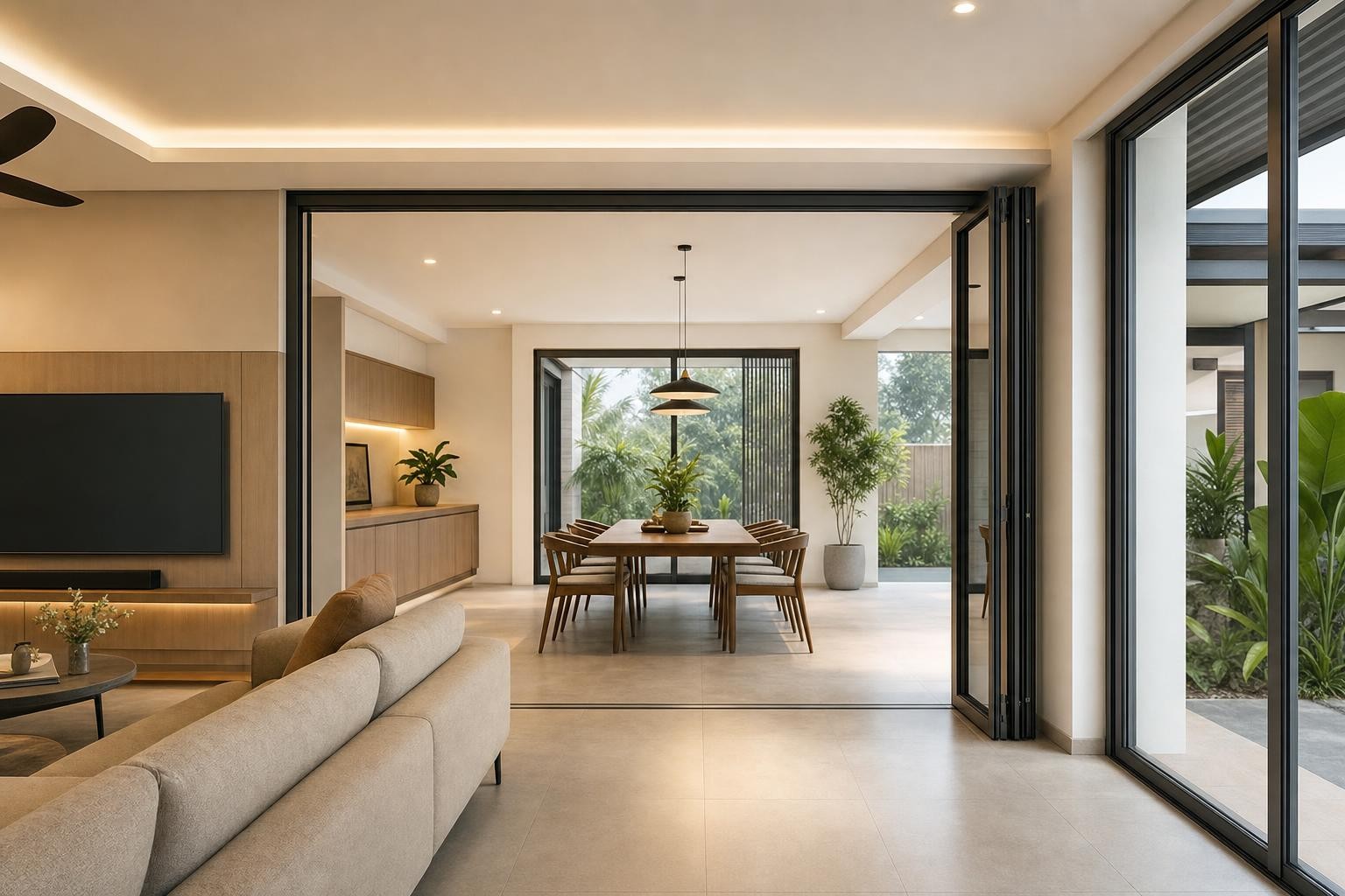 Fluted / reeded glass · bi-fold glazed doors stacked fully open