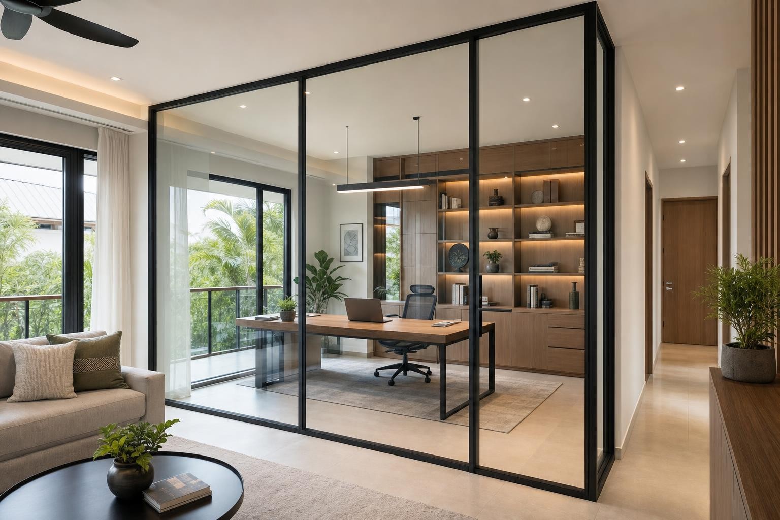 Fluted / reeded glass · black-framed glass box home office