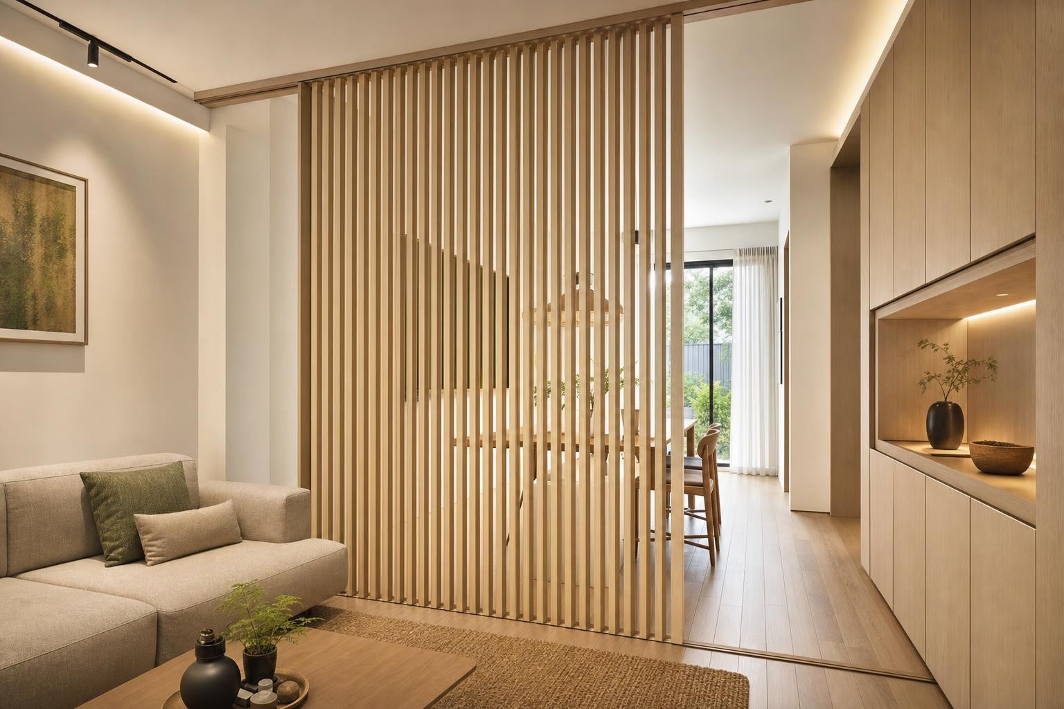 Muji Japandi · Screen & breeze-block partition · top-hung sliding timber batten screen, part open