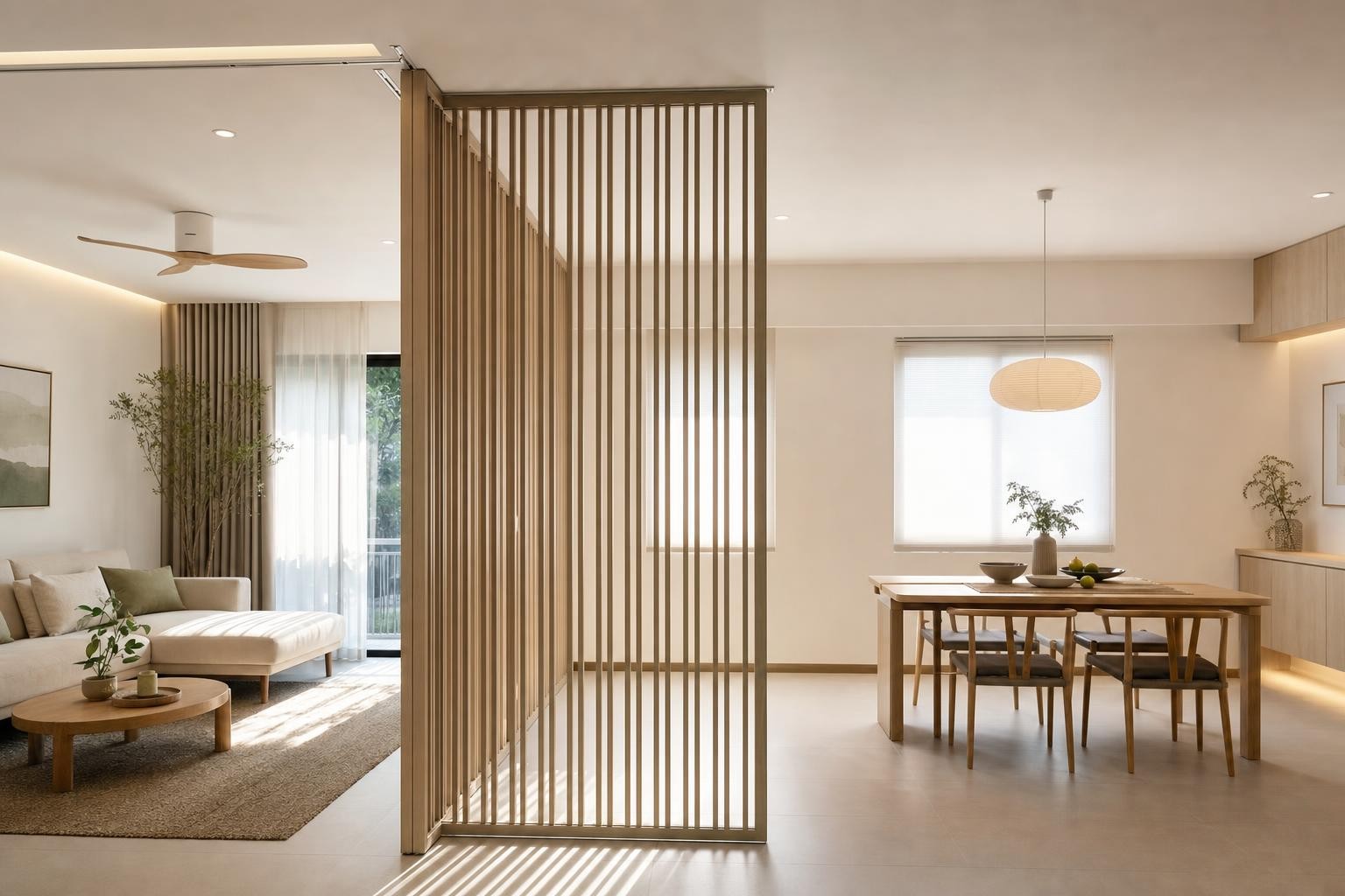 Muji Japandi · Screen & breeze-block partition · track-mounted sliding timber batten partition