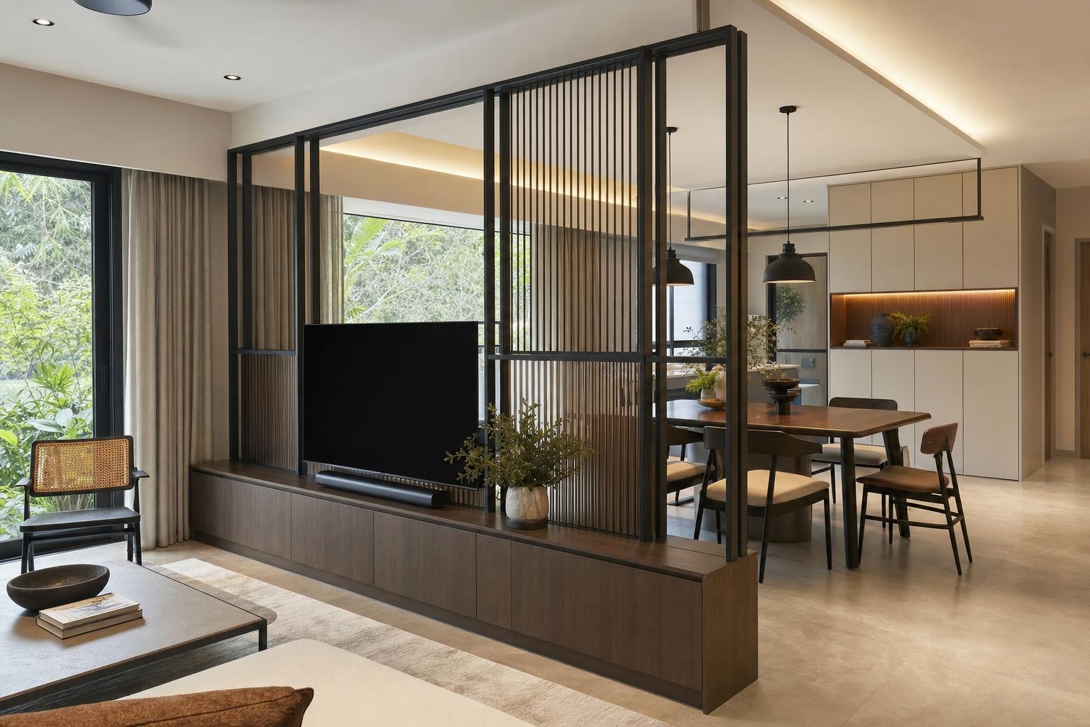 Slatted timber / mesh screen · TV console with framed batten screen above